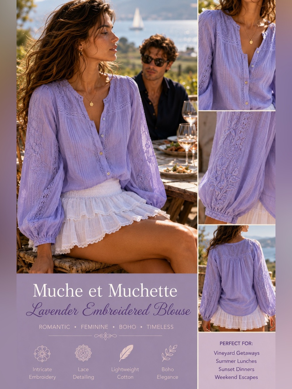 Muche et Muchette Lavender Embroidered Boho Blouse Lace Sleeve 100% Cotton Top